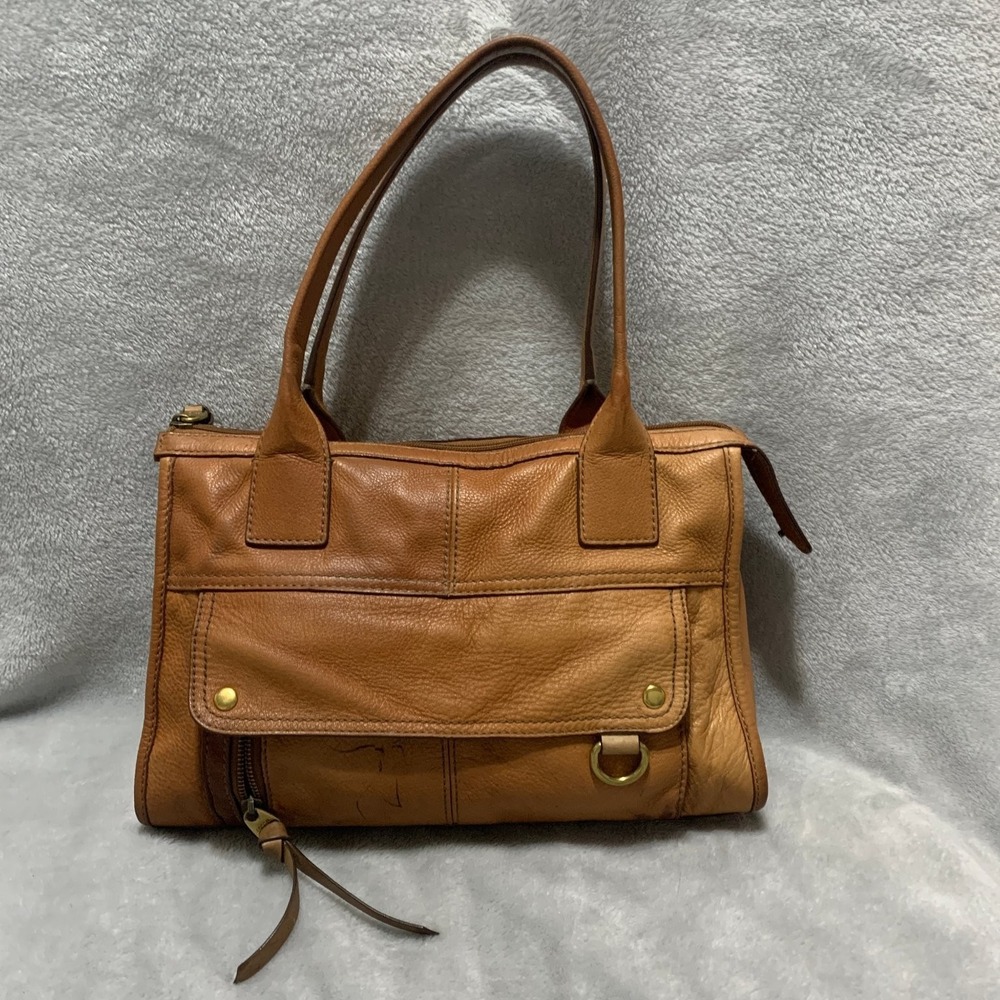 Fossil Women's Tan Leather Handbag Shoulder Bag Top Zip Pockets Flaw - Picture 3 of 16